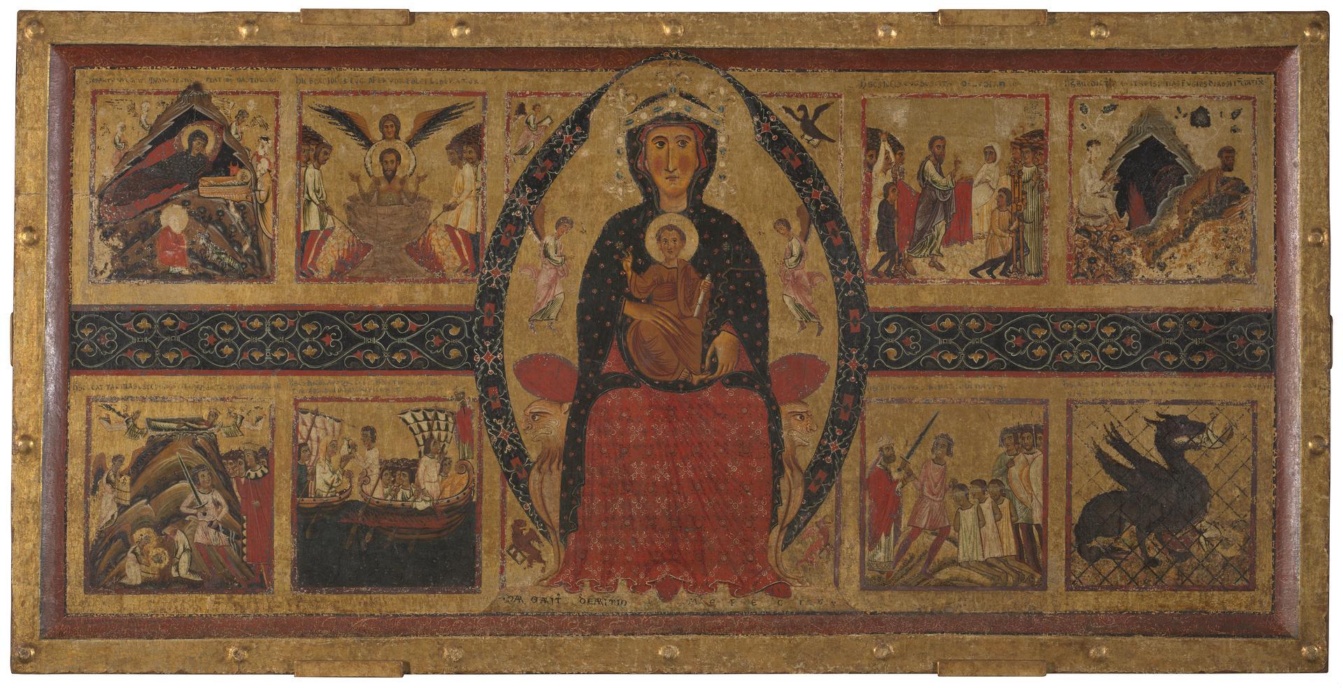 La Virgen y el Niño entronizados, con escenas de la Natividad y la vida de los Santos