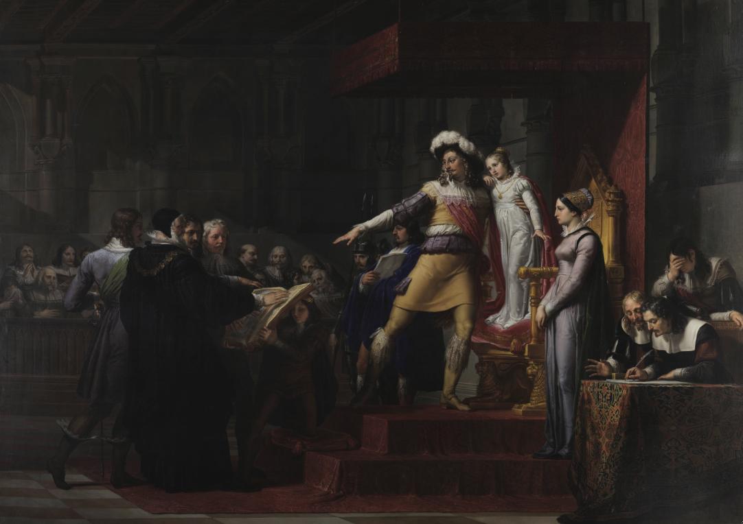 Gustavo Adolfo, Rey de Suecia, antes de partir a la guerra de religión, recibe el juramento de lealtad a su hija Cristina por parte de la asamblea de los estados generales